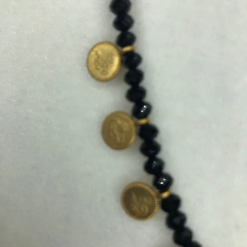 Gold and Black Beaded Necklace With Tiny Coins